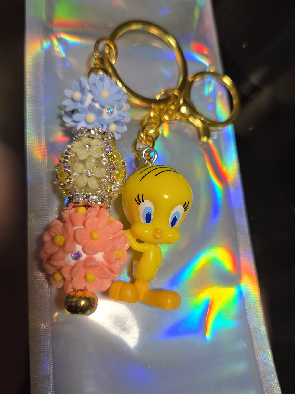 Tweety Bird Kids Keychain Charm - Yellow Floral Dangle Accessory